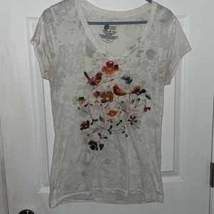 White Tshirt with colorful flowers and birds